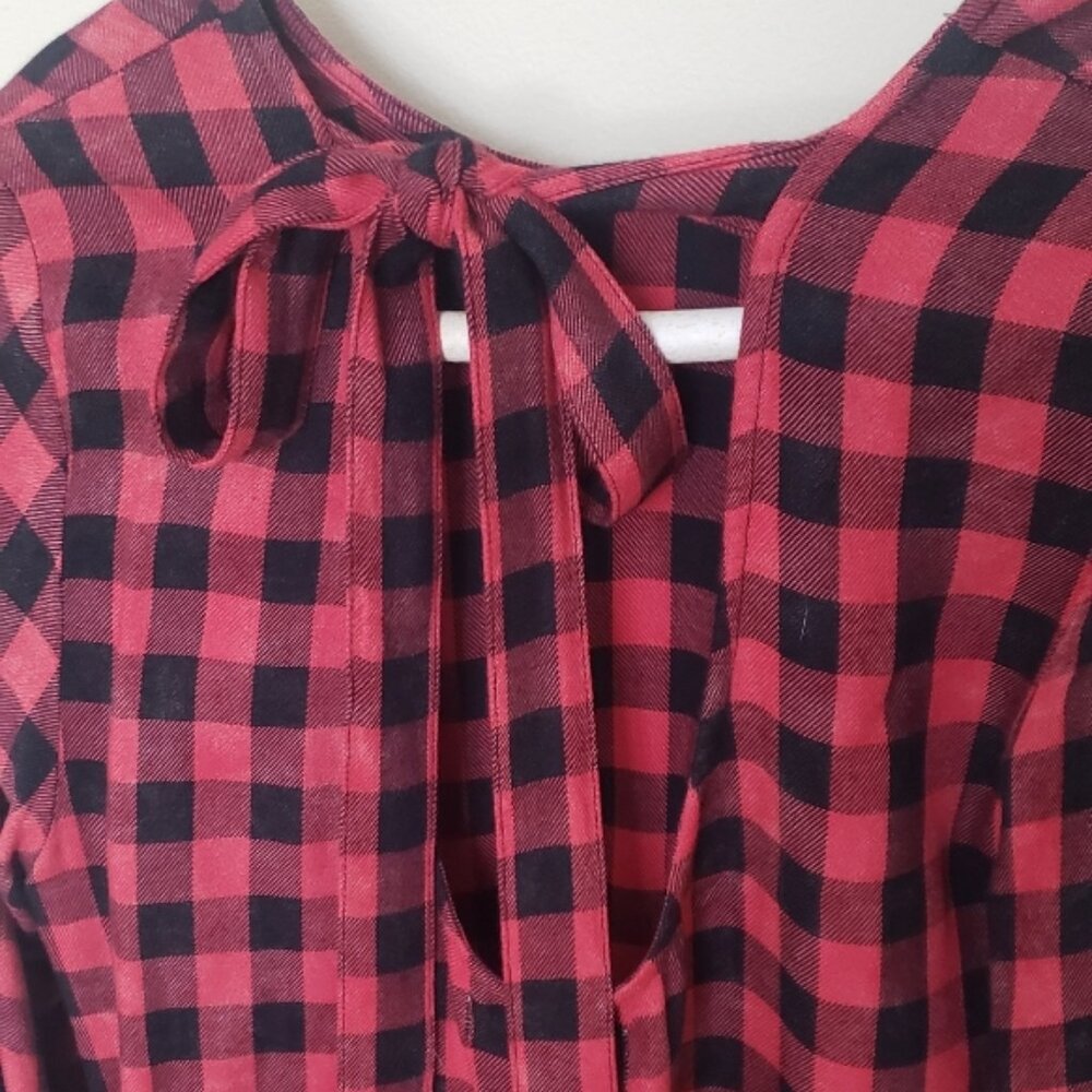 Cloth & Stone/Anthropologie red and black plaid dress, tie front, bell sleeves